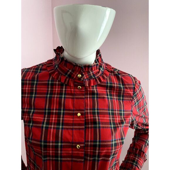 STS Sail to Sable Tartan Plaid Shirt Blouse Ruffle SMALL Red Long Sleeve - Picture 5 of 7